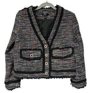 {Aqua} Multicolor Rainbow Tweed Gold Pearl Buttons Jacket Blazer Suit Coat